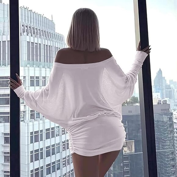 Women White Off Shoulde Ruched Casual Going Out Long Sleeve Mini Dress - Picture 4 of 5